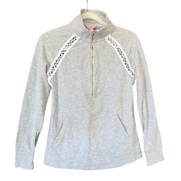 Lilly Pulitzer Tops - Lilly Pulitzer Skipper Popover 1/2 Zip Jacket XS Gray Crochet Preppy Lightweight